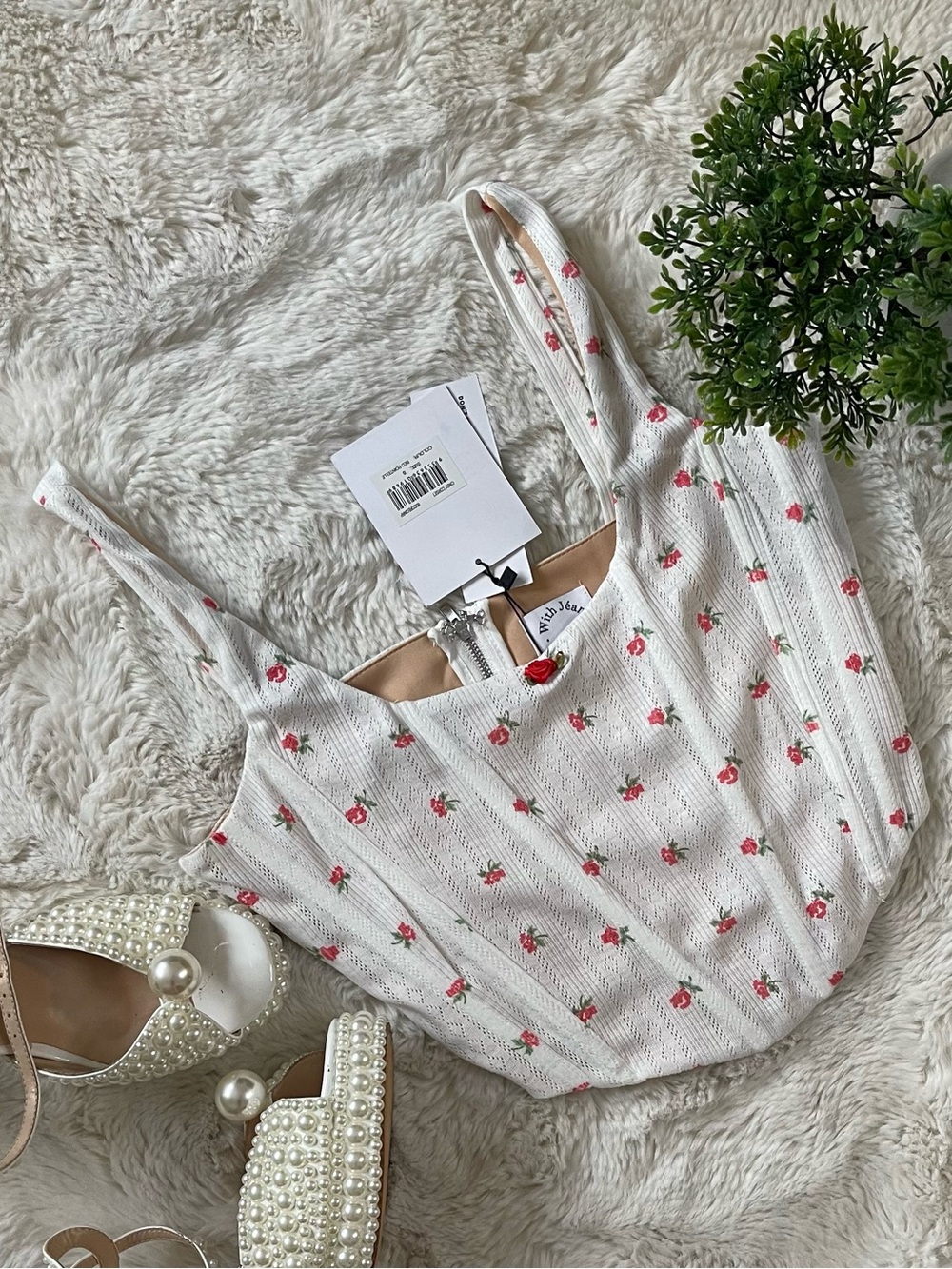 WITH JEAN Cindy Corset Top White Pointelle Red Rosette Rose Print Size S NWT